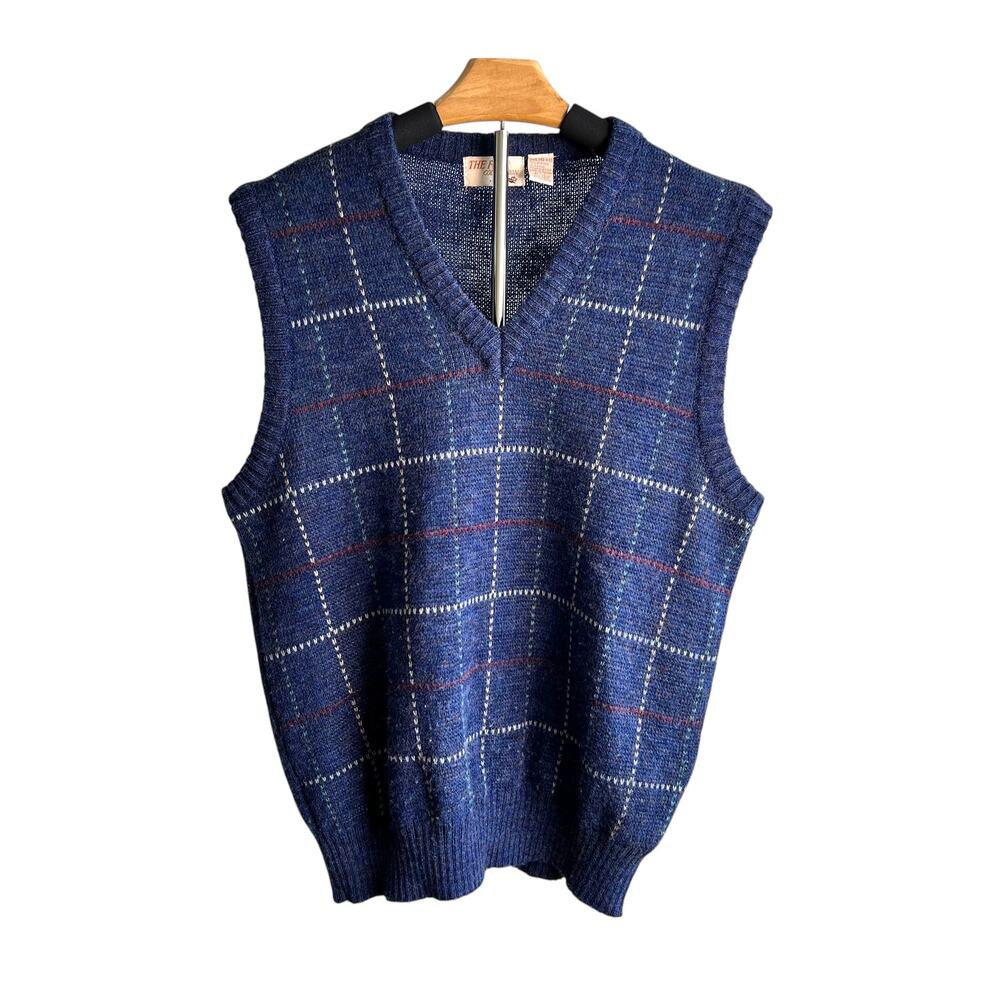 Vintage The Fox Collection Blue Plaid Wool‎ Blend Grandpa Sweater Vest Size L